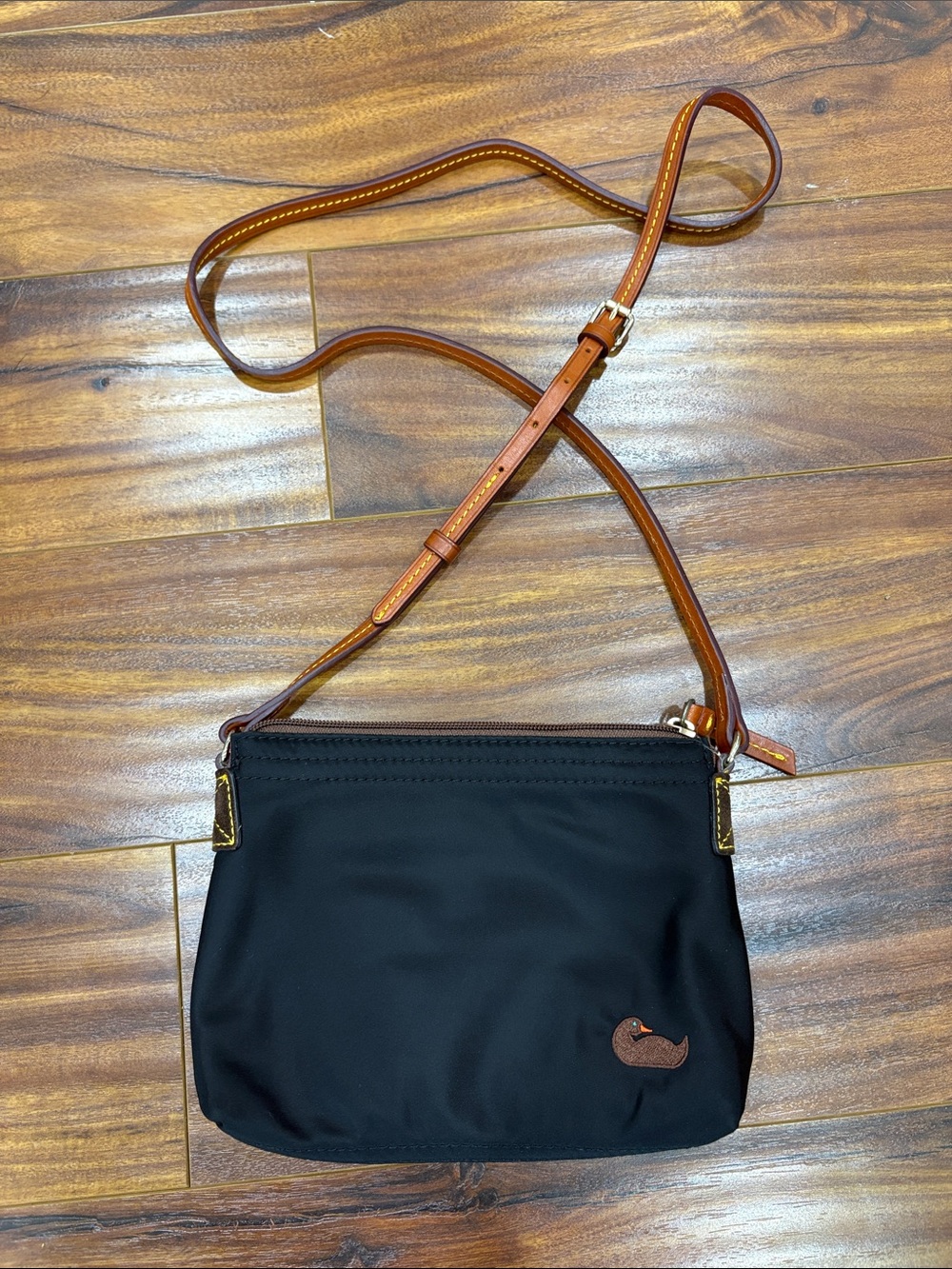Dooney & Bourke Black Nylon Crossbody with Brown Leather Strap and Gold Hardware